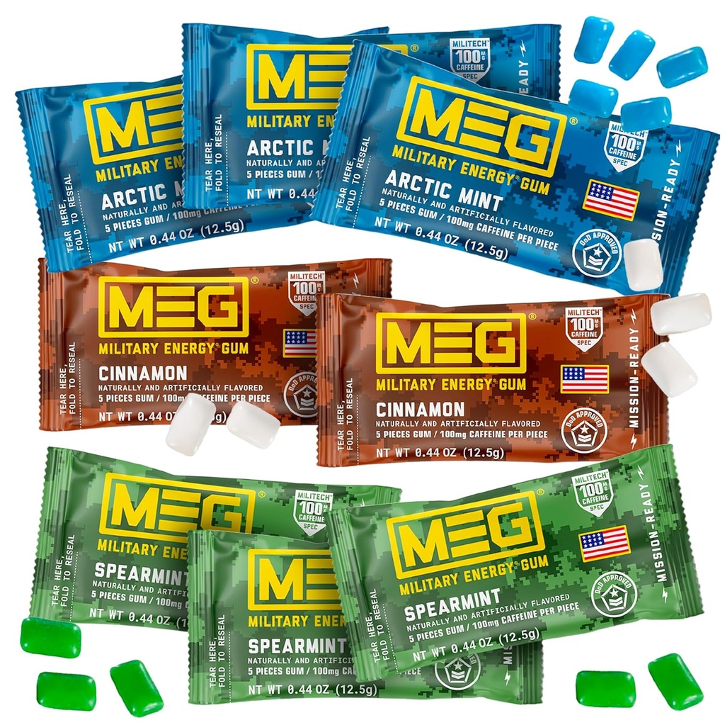 MEG - 军用能源 Gum + 100毫克咖啡因 + 增加能量 + 提高身体性能 + 北极薄荷、斯皮尔明、和肉桂 + 8 包(40 计)