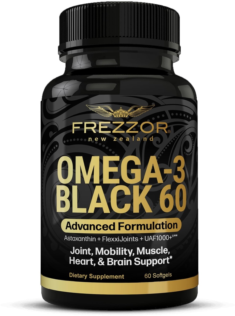 FREZZOR Omega 3 Black for Joint Care & Comfort - 新西兰绿色浸泡贻贝油盖;53x 具有UAF1000+超级抗氧化剂的高潜性,无鱼型余酸,1-Pack,60软胶