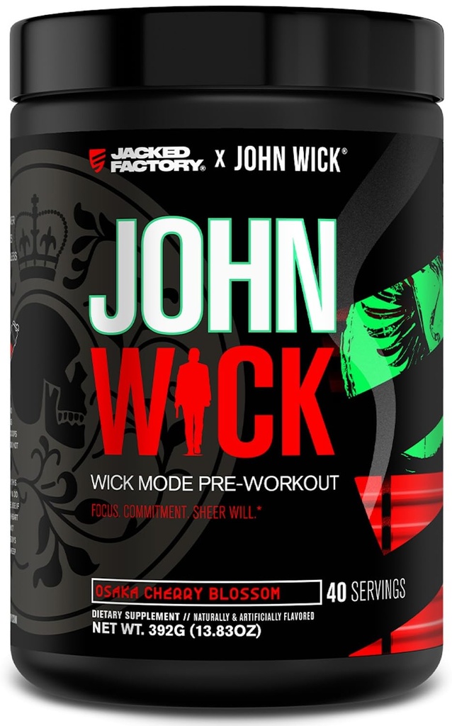 Jacked Factory X John Wick - Wick Mode Pre Workingout Powder - 敏锐能量,战斗准备焦点,不可阻挡的承诺,和Sheer Will - 40 services,大阪樱桃花