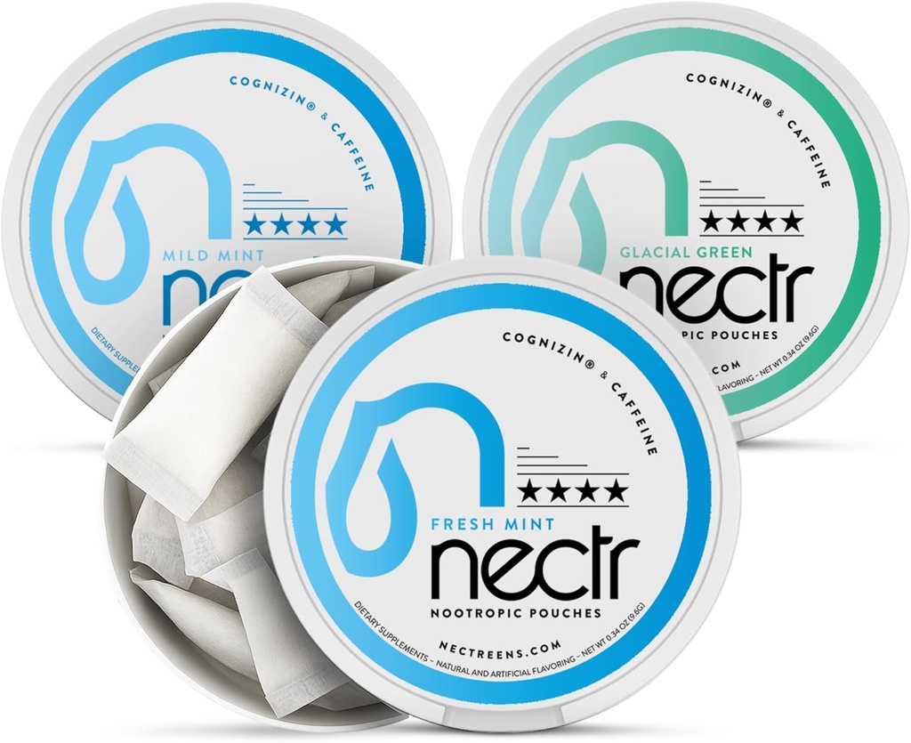 Nectr Energy Nootropic Pouches Mint Mix - 带有Cognizin Citicoline的咖啡因邮袋. 3 Flavors:Mild和Fresh Mint,还有冰川绿. 无糖,尼古丁自由 平静 焦点和能源补编