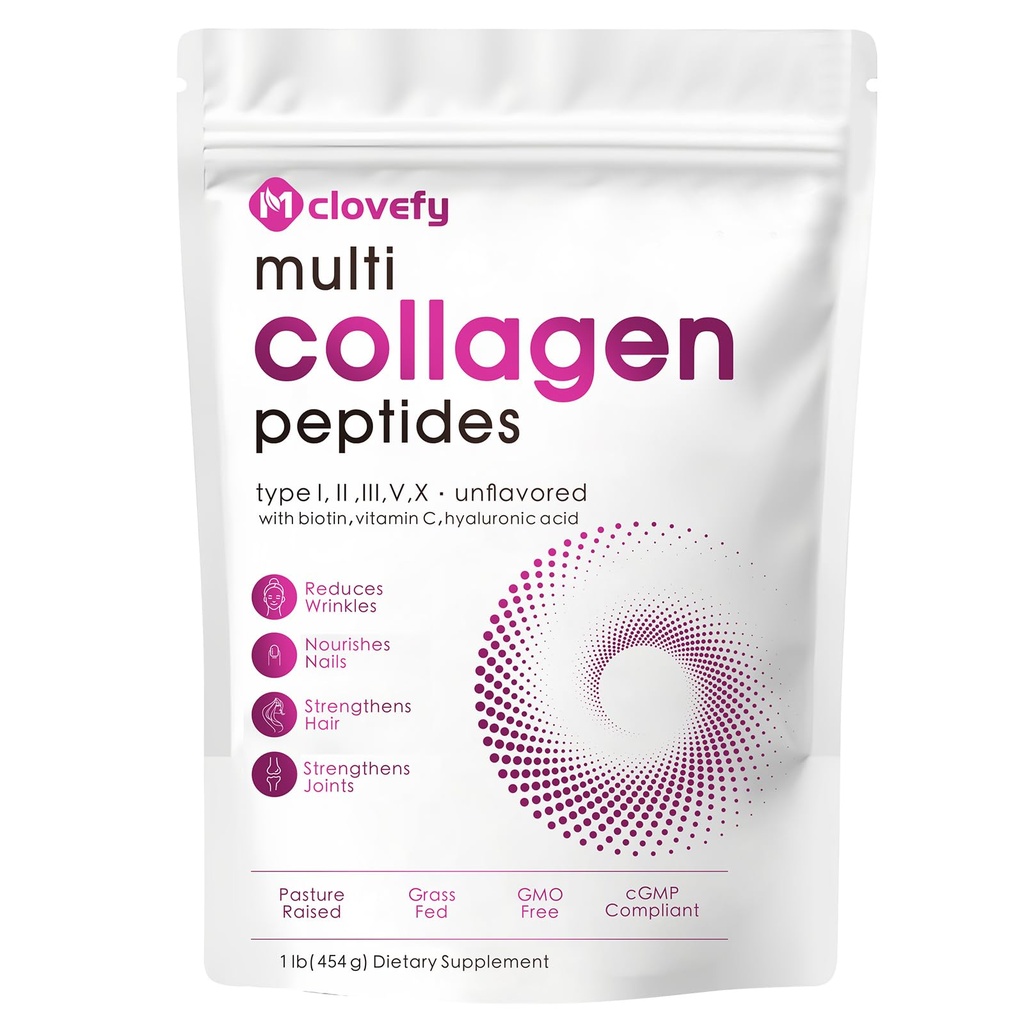 多Collagen Peptides Powder, 16 Oz(41 services) - 蛋白质补充剂,型号为I,II,III,V,X,配有Hyaluronic酸,维生素C和Biotin,不易味,饮料中易混合.