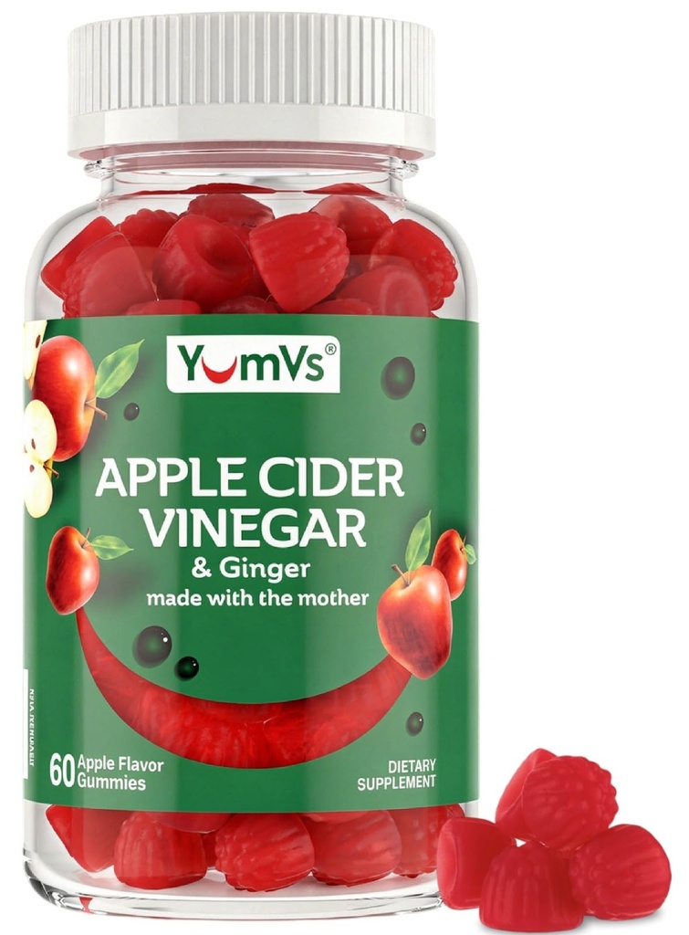 YUM-V's Apple Cider Vinegar Gummys – ACV Gummys with Ginger & The Mother – 支持代谢,维生和每日健康 – 天然苹果 Flavor Vegan,非GMO,Gluten-Free,苹果Gider Gummy – 60 Counter