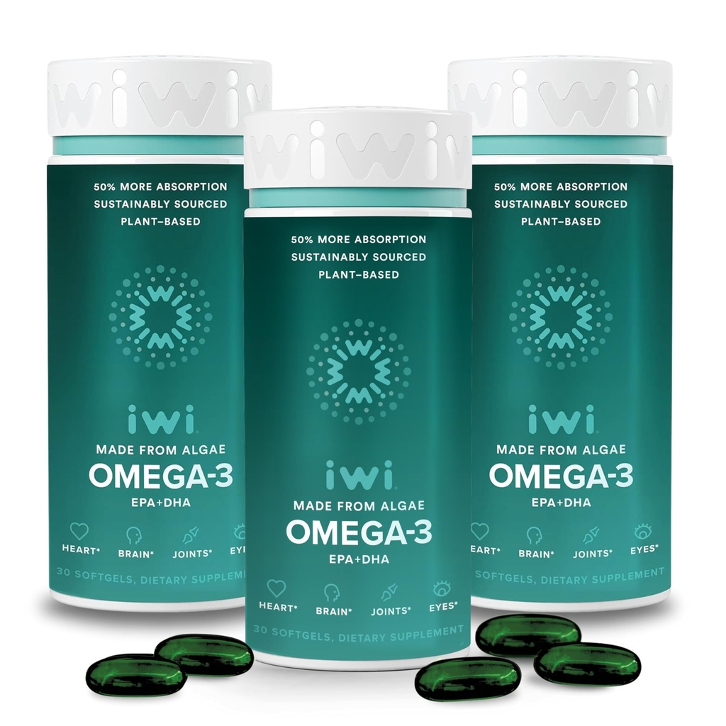 Iwi Omega-3, 90 Softgels (90 services), Vegan 植物型藻类 Omega 3, 配有 EPA + DHA, 整体-Body 支持饮食补充, Krill 和鱼油替代品, 无鱼味余味