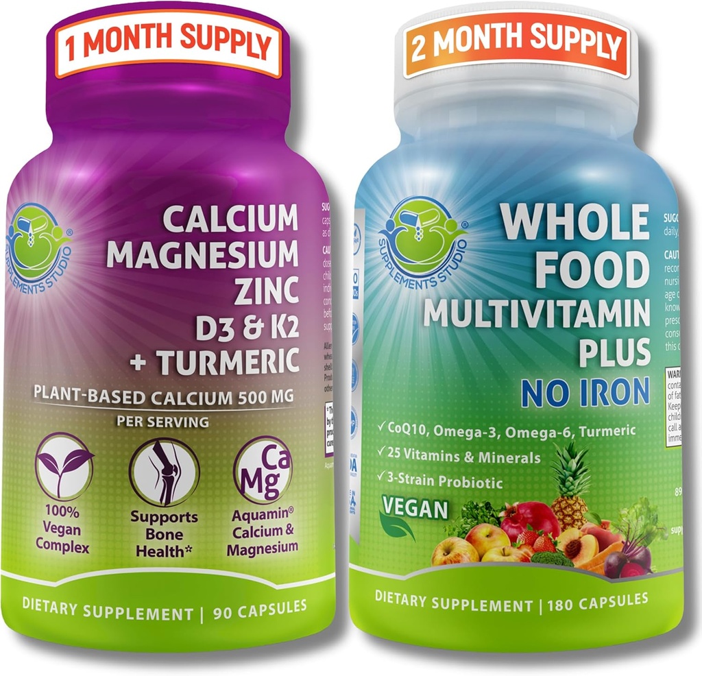 Suppments STUDIO Daily Immune, Bone & Energy Support Bundle for Men and Women – Vegan 全食品 多维他命无铁和植物基镁与D3, K2 & Turmeric – Vegan, Non-GMO