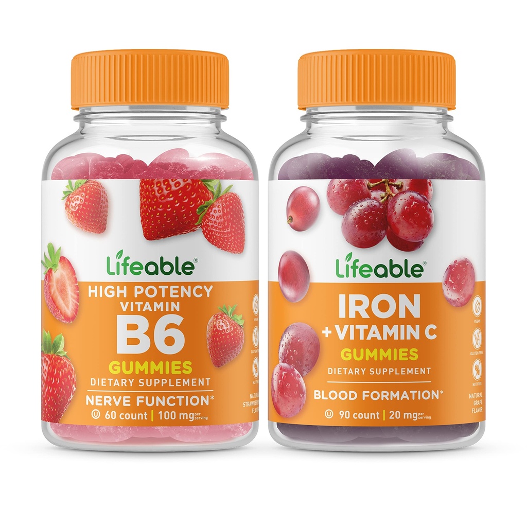 活生生的维生素B6 + 铁带维生素C,Gummys Bundle - 大品尝,维生素补充,Gluten Free, GMO Free, Chewable