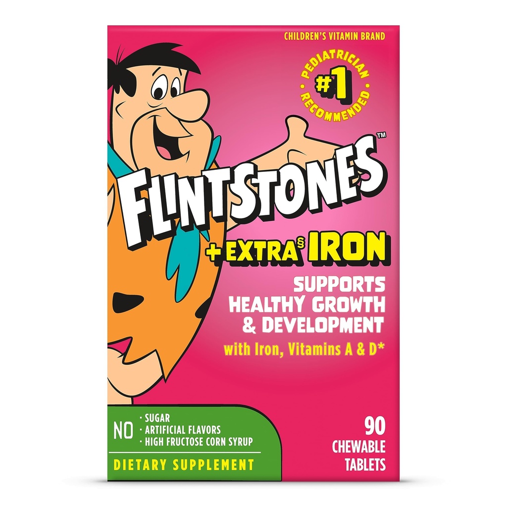 Flintstones Chewable Kids 配有维生素C,D,B12和铁的多维他明为托德勒斯,90 Counter