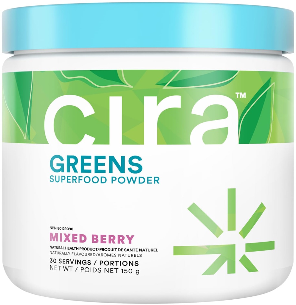 Cira Daily Greens - 自然甜化,有机螺旋藻类超级食品粉末加Premium,抗氧化剂-Rich 配料用于脱脂,消化, & 能源 - 混合莓,30种服务
