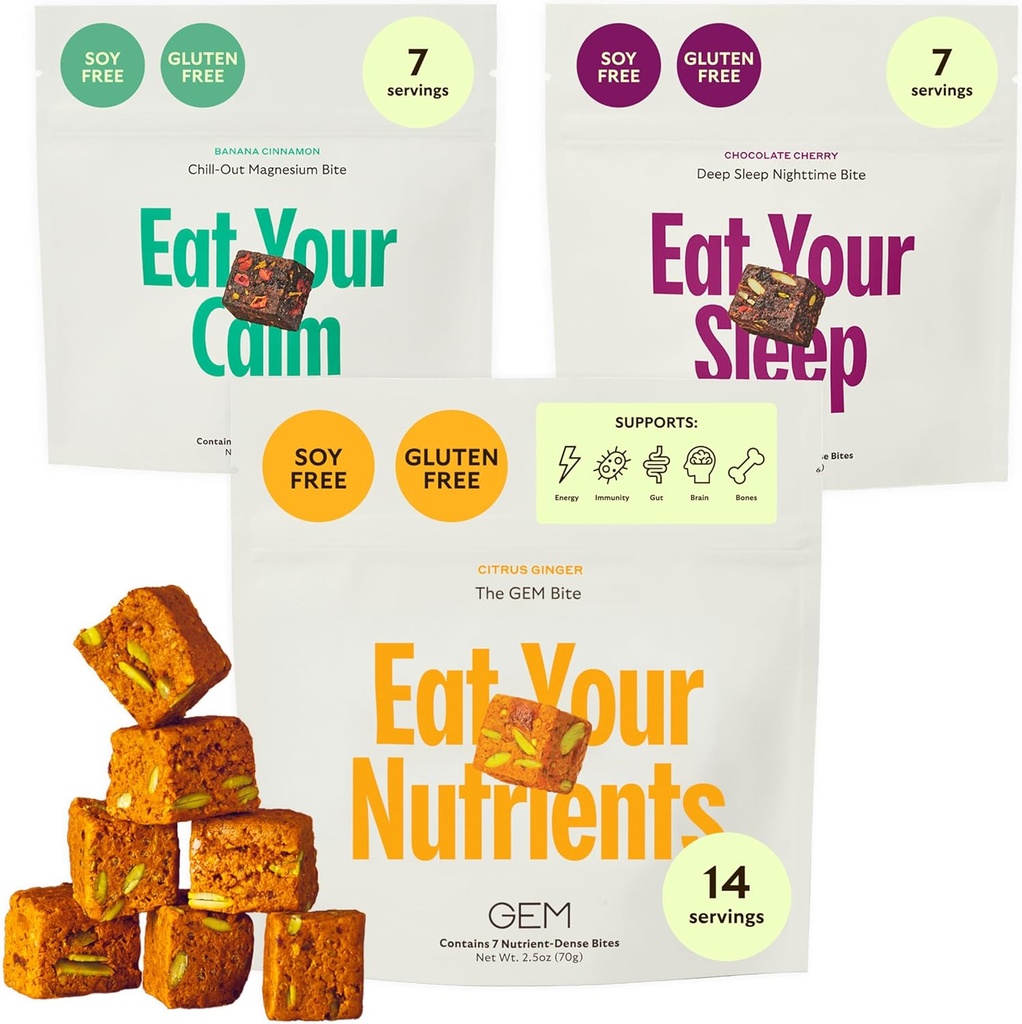 GEM Bite 完整常规品种包 配有 Daily Multivitamin (14 Bites), Chill-Out calm (7 Chews) & Deep Sleep Aid (7 Chews) 支持古特,皮肤,脑,骨,睡眠,豁免