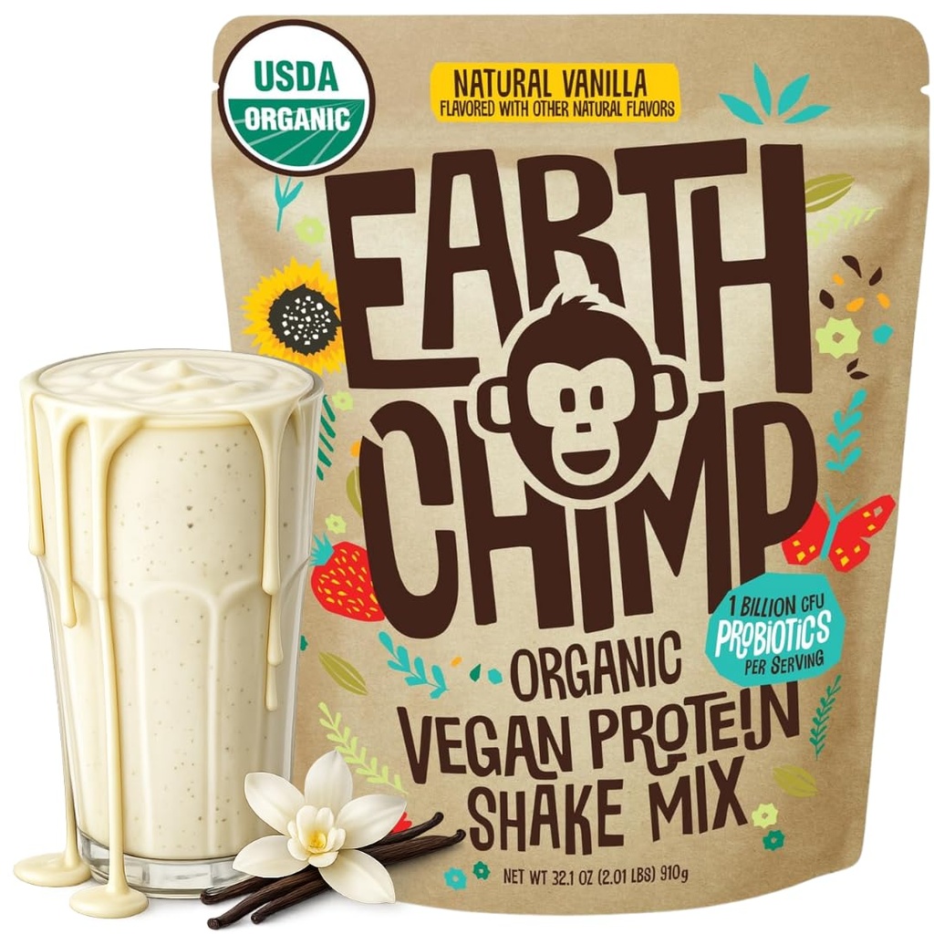 Earth Chimp Organization Vegan蛋白粉 - 配有Probiotics - 非转基因生物,乳品免费,Non Whey, 以植物为基础的男女蛋白粉,Gluten免费 - 26 services 32 Oz (Vanilla)
