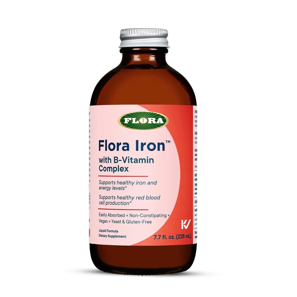 Flora Iron - Vegan液态铁配B维生素 - 提供红血球和能量支持 - Yeast-Free & Gluten-Free - 美味果汁基地 - 7.7 f. oz. 玻璃瓶