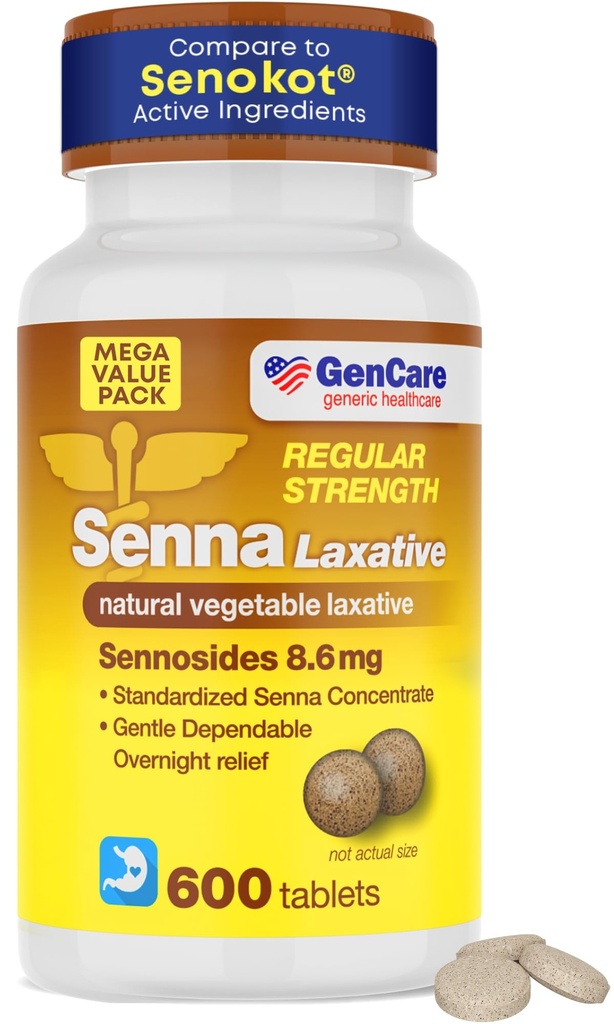 GenCare Senna Laxative 600 Talets Senna 8.6mg 配有天然 Sennosides 的 Laxatives 用于便秘,布局,气体和不规则的缓解. Senokot 的普通安全性