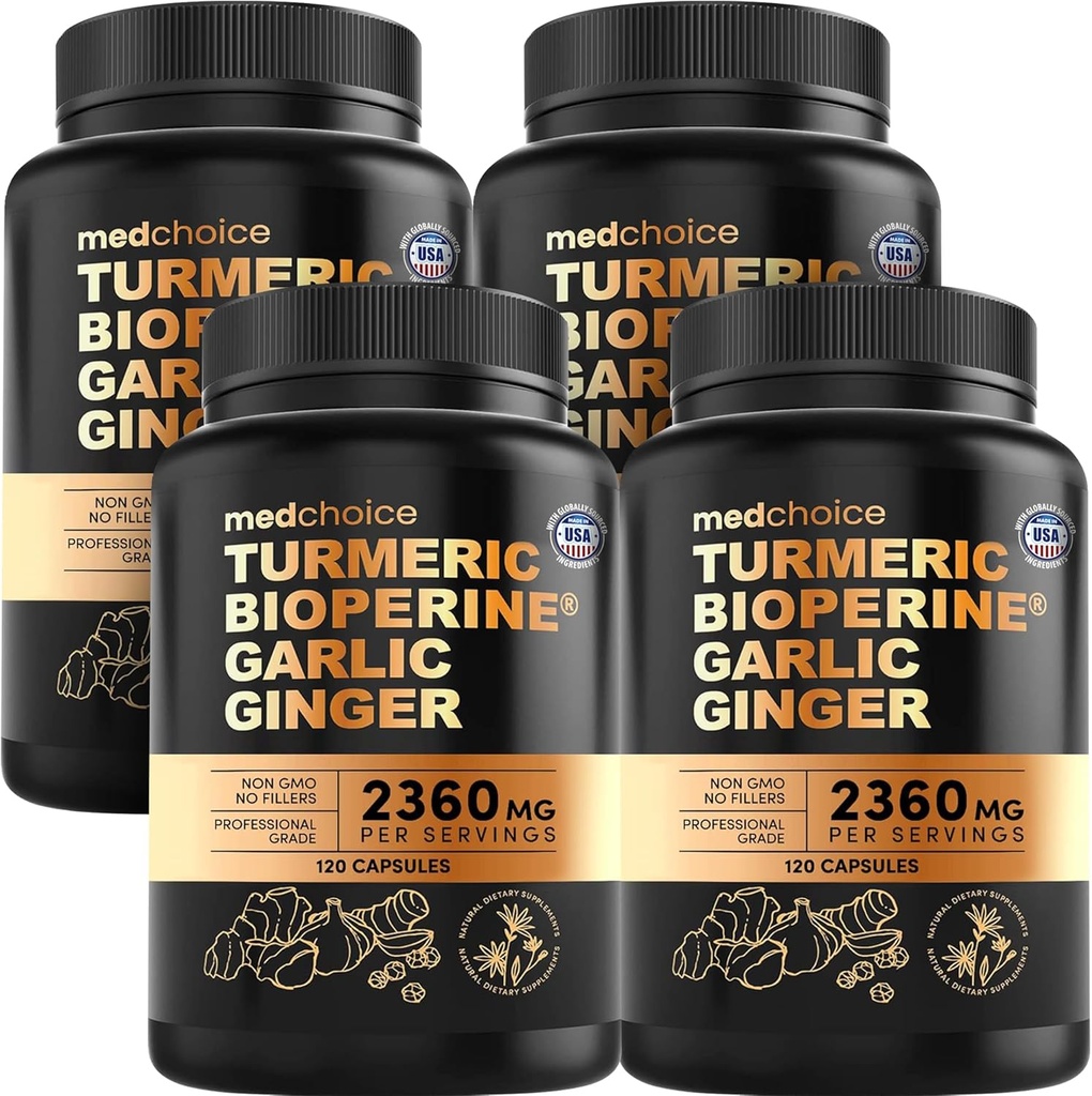 4-in-1 配有 BioPerine 的 Turmeric 和 Garlic 补充剂 – 2360mg 配有 Garlic 的 Turmeric 姜根盖 – 配有 Garlic 的 High Potency Herbal 混合剂(120 cm,包装为 4)