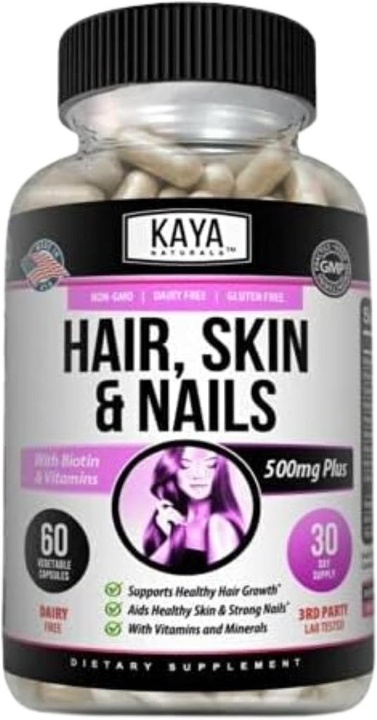 Kaya Naturals Mair Skin Snail Capsules BIOTIN 维生素D 维生素B-12 A 叶酸支持, 头发支持维生素补充剂