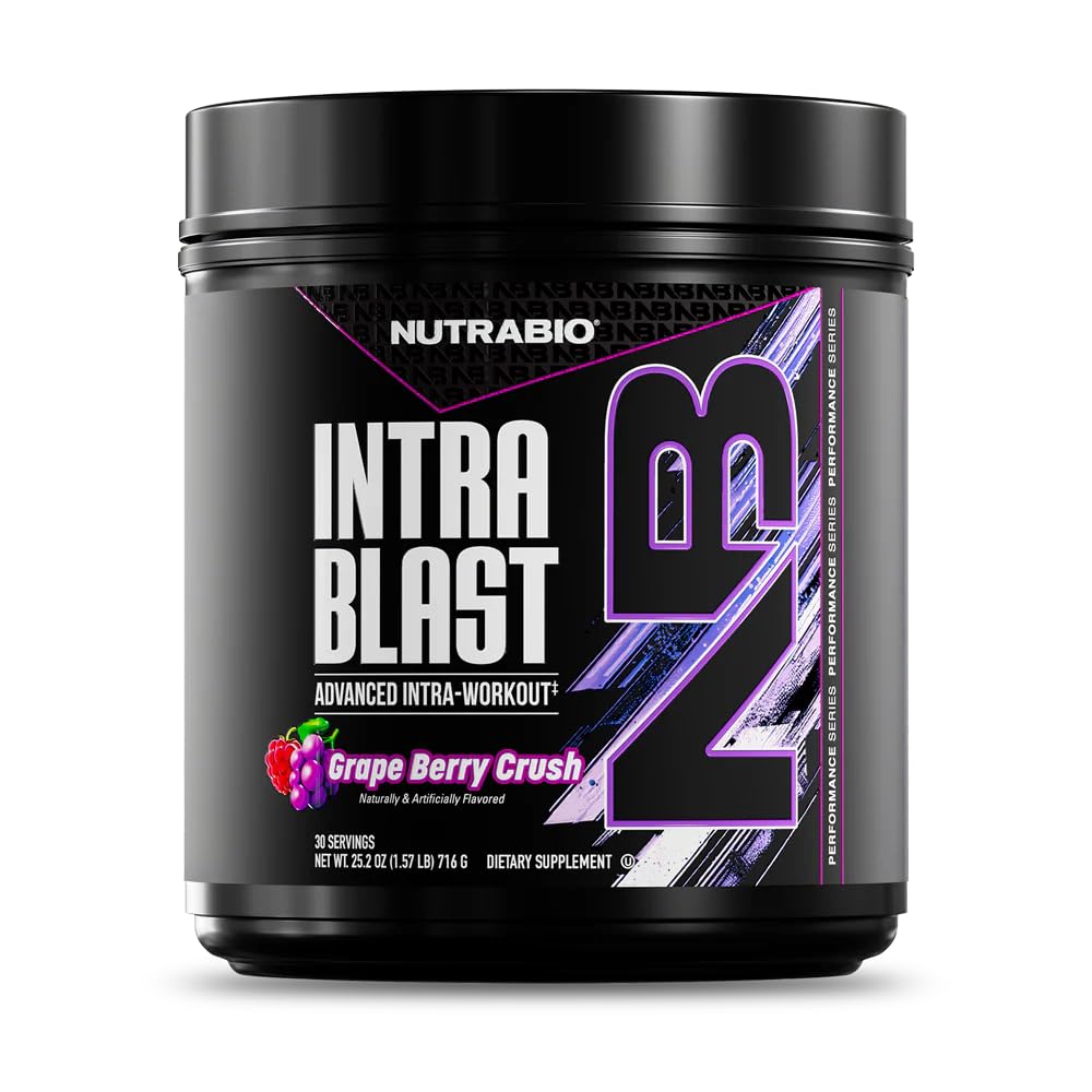 NutraBio Intra Blast Bcaa 氨基酸补充剂, 电解液和水分混合剂, Intra, Pre Workout & Muscle Recover, 20g Eaa 氨基酸粉, 5g Glutamine-Grape Berry Crush, 30 service