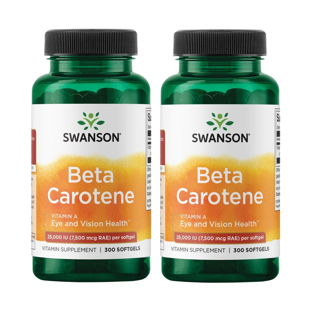 Swanson Beta-Carotene Vitamin A 25000 IU 皮肤眼膜系统 健康抗氧化剂支持 7500 mcg 300 Softgels Count (2 Pack)