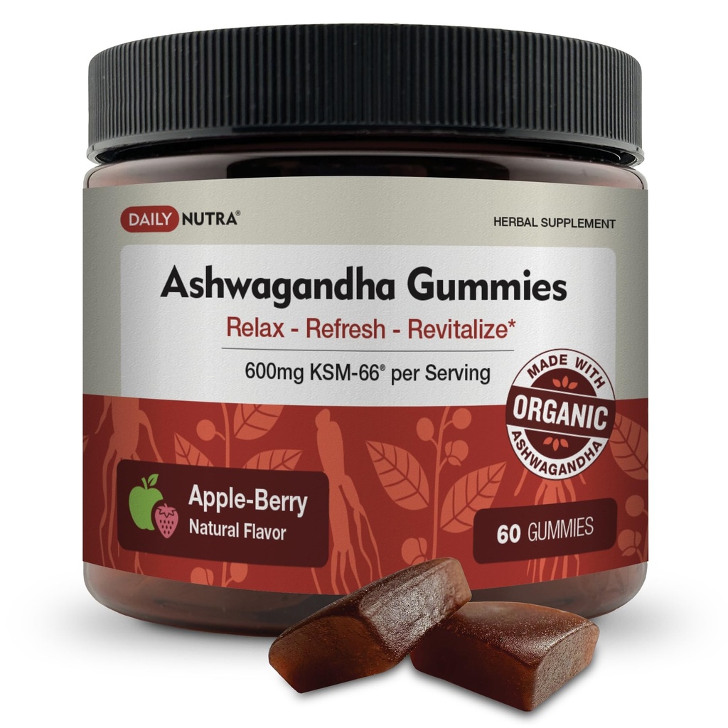KSM-66 Ashwagandha Gummys - 600 mg 有机根提取器每服务 - 美味的天然苹果莓 Flavor - 支持放松、聚焦和能源(60 Gummys)