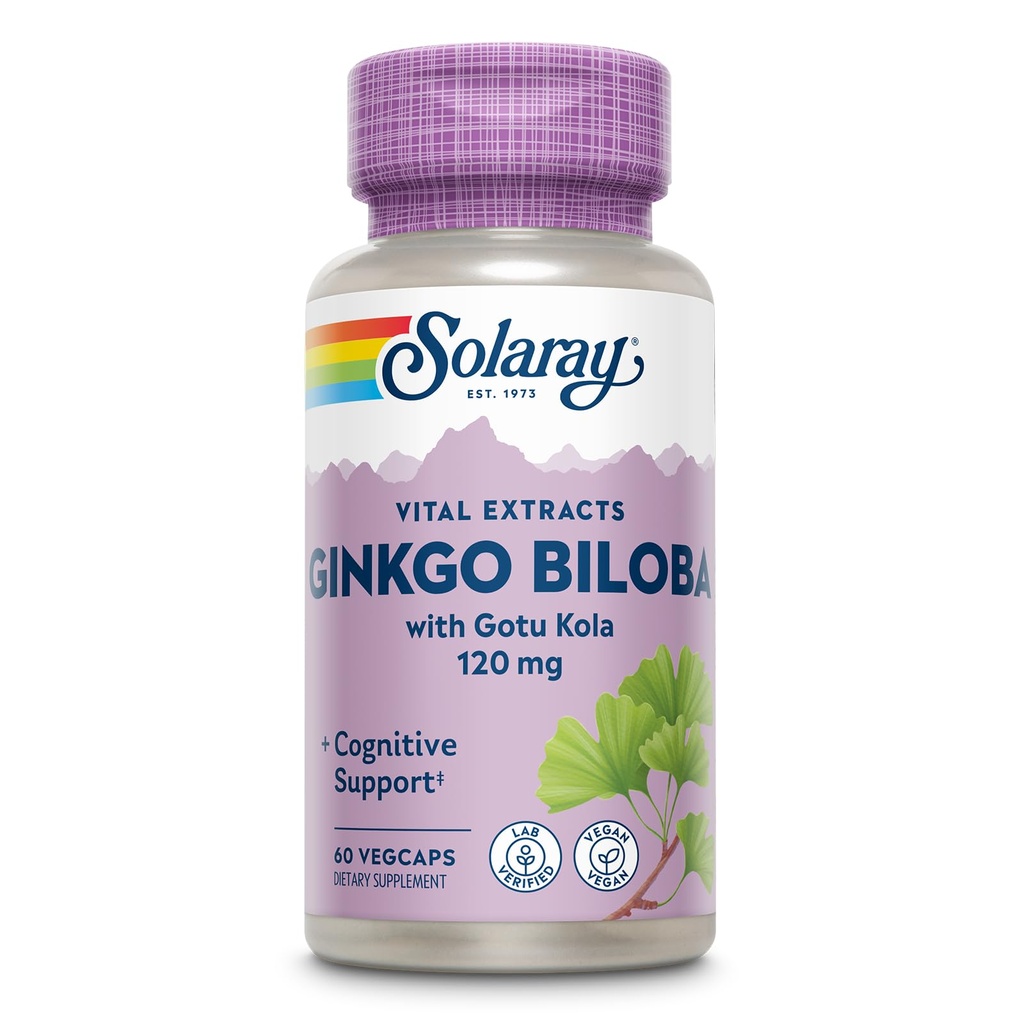 SOLARAY Ginkgo Biloba 与Gotu Kola 合作提取 - Ginko Biloba Capsules 用于脑健康支持 - Vegan,实验室验证,60天保障 - 60名服务员,60名Veg Caps(60名Veg Caps)