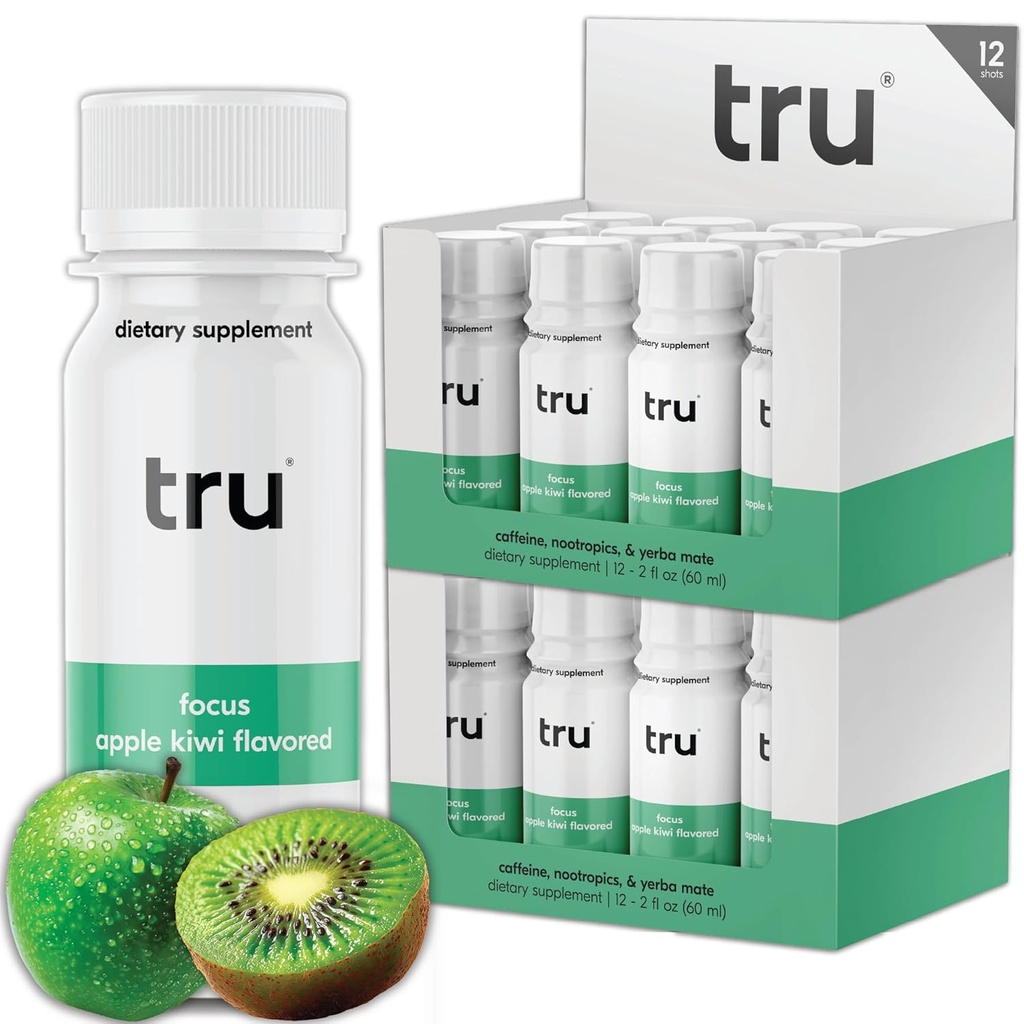 Tru Focus Shot, Apple Kiwi Flavored Extra Streight Energy Shots - 零糖 Nootropic 饮料加适配体, Choline, 和 Yerba Mate - 天然咖啡因, GF, Keto, Vegan Supplement, 2oz(24页)