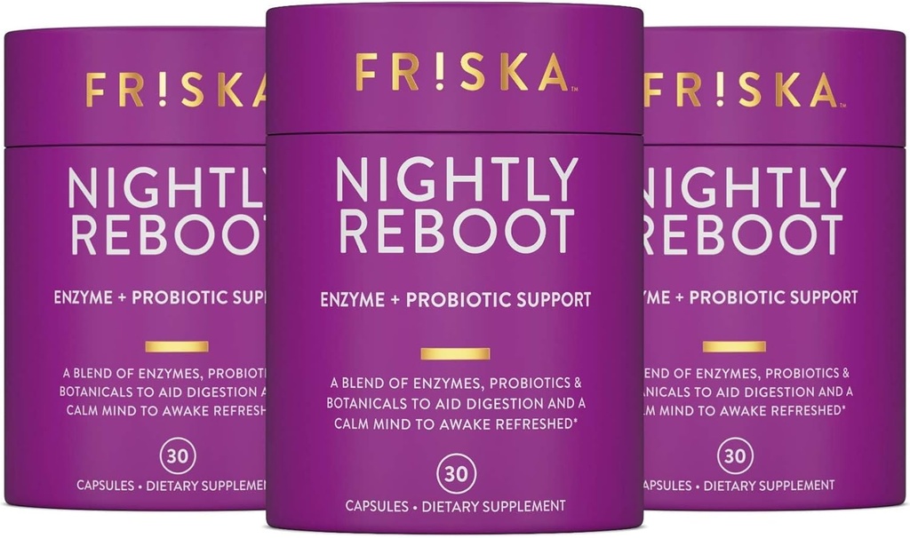 FRISKA Nightly Reboot Enzyme and Probiotics Supplement, 《促进更好的消化和睡眠》, 《支持男女健康》, Melatonin, Chamomile, 90 Capsules