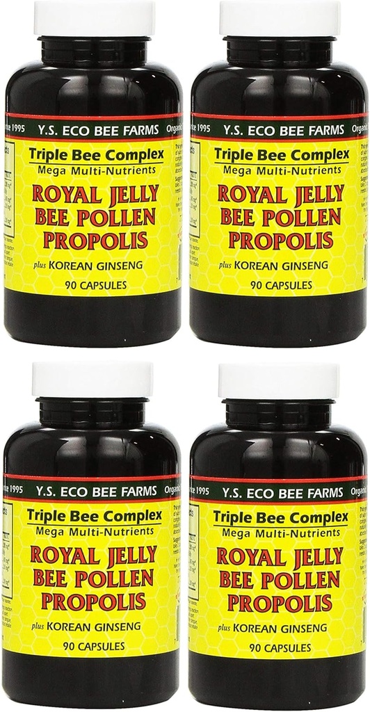Y.S. Eco Bee Farms, (4 Pack) 皇家Jelly, Bee Pollen, Propolis, Plus 韩文森, 90 Capsules