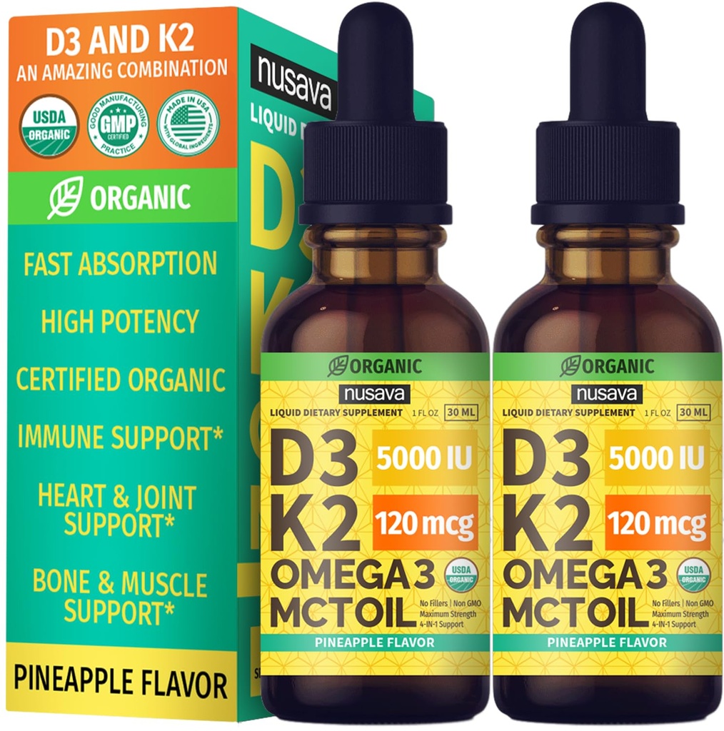 (2包)有机维生素D3 K2 与MCT Oil Omega 3,最大强度维生素D液体5000 IU,无填充剂,用于更快吸收和免疫支持的非GMO液体D3(菠萝,2 Fl Oz)