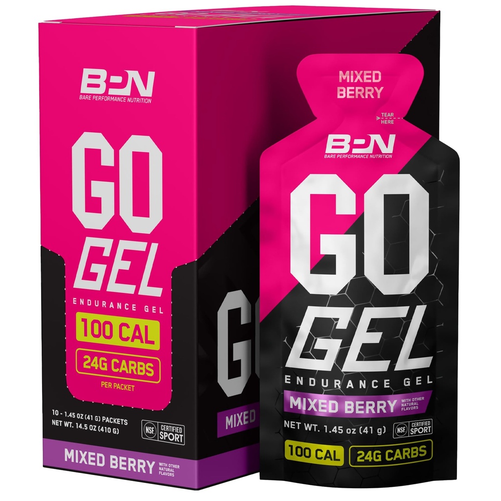 BARE 绩效营养,BPN Go Gel 耐力,每包24克碳水化合物和100卡路里,Vegan + Gluten 自由奔跑Gel,10个单服务包,混合莓
