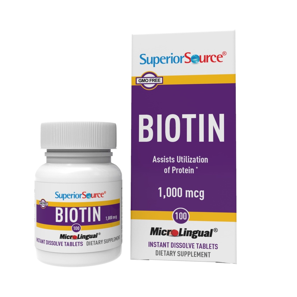 Superior source Biotin 1000 mcg. 在 Tonue 快速溶解微环形板块下, 100 计数, 支持健康头发, 皮肤, 和 直肠生长, 帮助支持能量代谢, 非 GMO