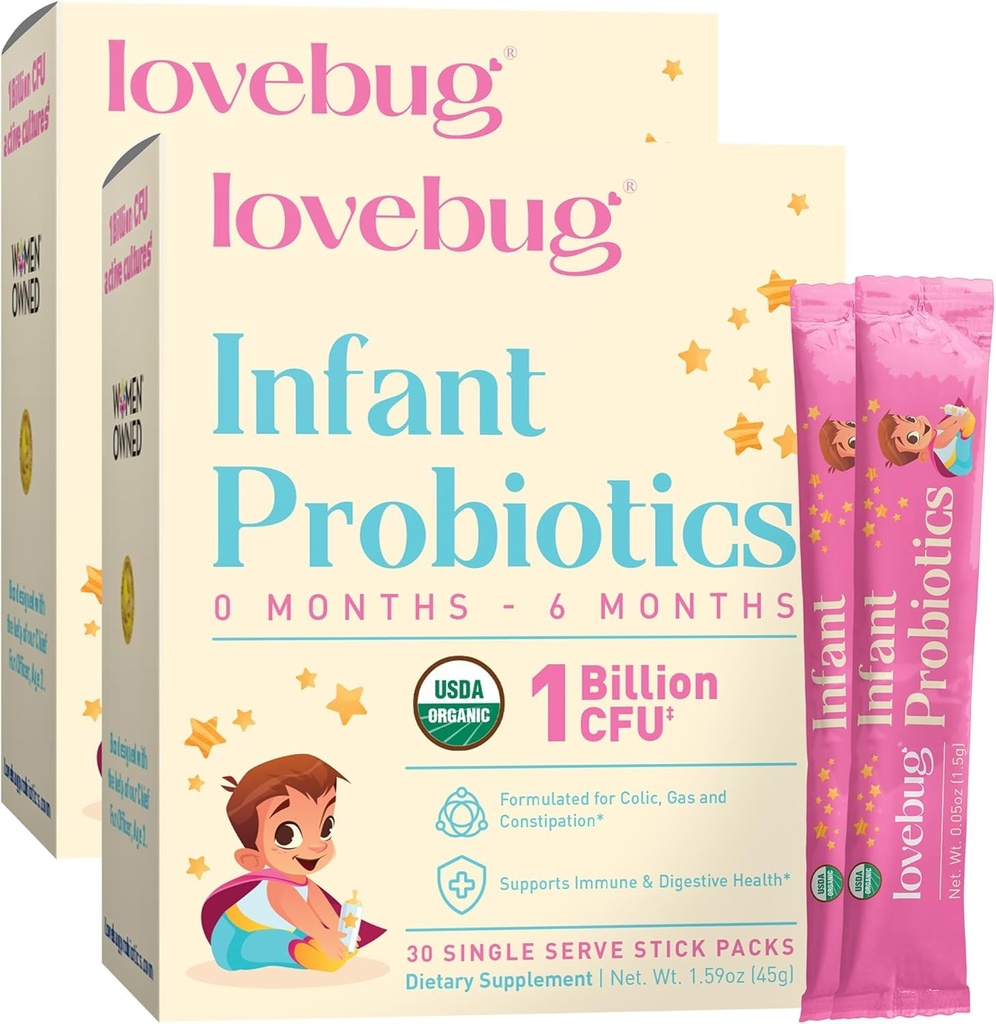 LOVBUG 婴儿补充营养素 0-6个月 -- -- USDA 对婴儿的有机补充营养素、支持婴儿气体、奶油、腹泻和新生儿便秘、Allergen和无糖、无味粉、60包