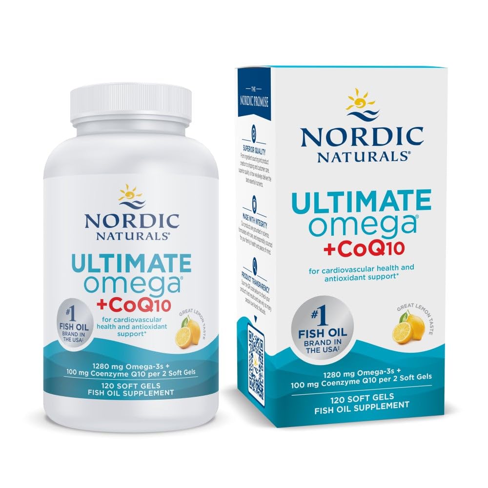 北欧自然体 终极Omega + CoQ10,柠檬 - 120 软宝石 - 1280 mg Omega-3 + 100 mg CoQ10 - 心脏健康,细胞能量,抗氧化剂支持 - 非GMO - 60 服务
