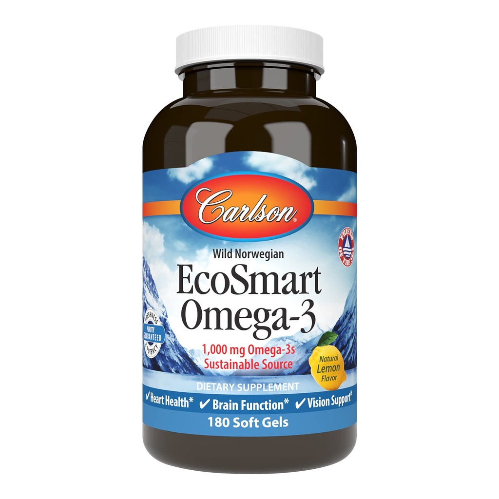 Carlson - EcoSmart Omega-3, 1 000 mg Omega-3s,可持续来源,心脏健康,大脑功能和视觉支持,柠檬,180软胶