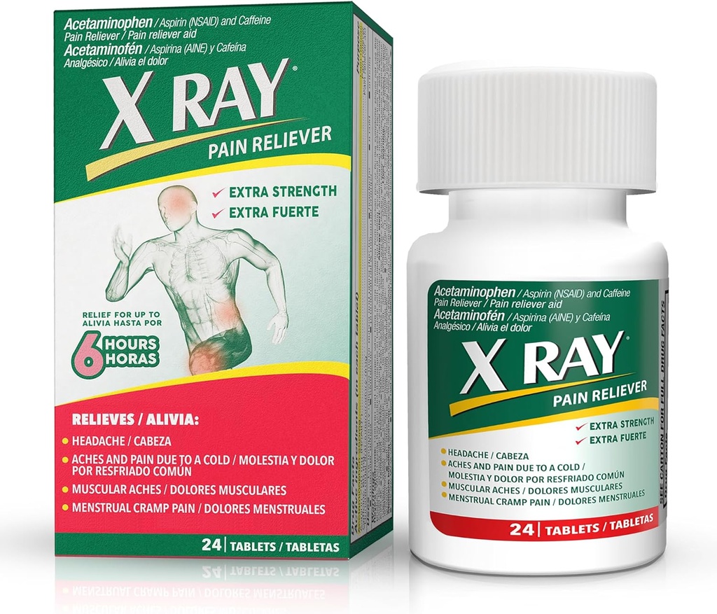 XRAY 外力疼痛解脱器:乙酰氨基苯500毫克,阿司匹林,咖啡因 - 每块24片,米高林、头痛和后痛解脱药,减少炎症