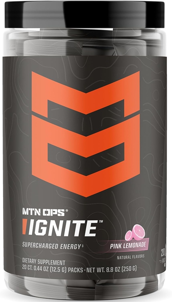 MTN OPS Ignite Trail Packs 能量饮料粉,Gluten 自由诺热带 补充饮料混合物,L Arginine,L Citrulline,Cafeine & Nootropic 自由糖饮料混合物,20种服务品,粉红色柠檬水