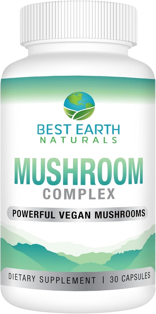 最佳地球自然 Vegan 蘑菇复合物 能源、清晰度和认知度补充品——Immune Support w/Lion's Mane, Reishi, Chaga, Maitake & Shitake 30天供应(30 Capsules)