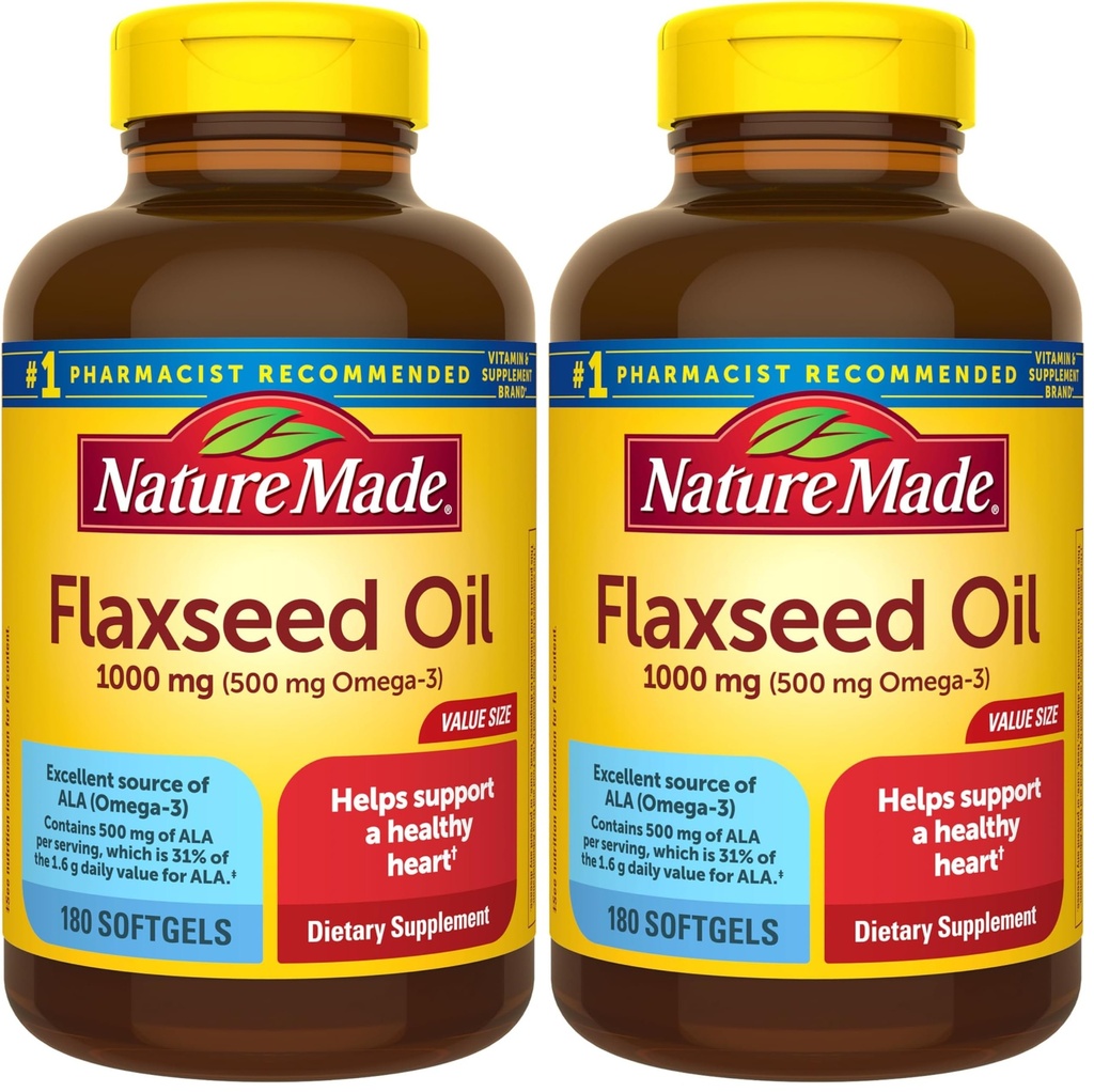 Nature Made Flaxseed Oil 1000 mg,心脏健康支持膳食补充,180软胶(包2)