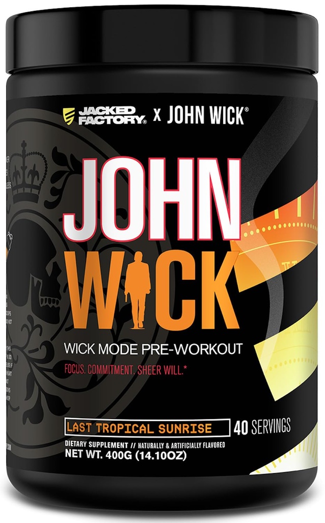 Jacked Factory X John Wick - Wick – Wick Mode Pre Workout Powder - 敏锐的能源,战斗准备焦点,不可阻挡的承诺,和Sheer Will - 40 services, Last Tropical Sunrise (英语).