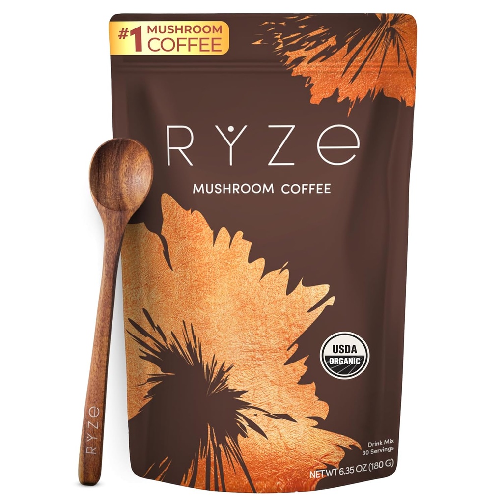 RYZE SUPERFOODS 蘑菇咖啡 USDA Official 配有6个适应性蘑菇和MCT Oil,美国Grown Instant Coffee for Better Energy, Focus, Digestion, 豁免Lions Mane & Turkey Tail, 30种服务
