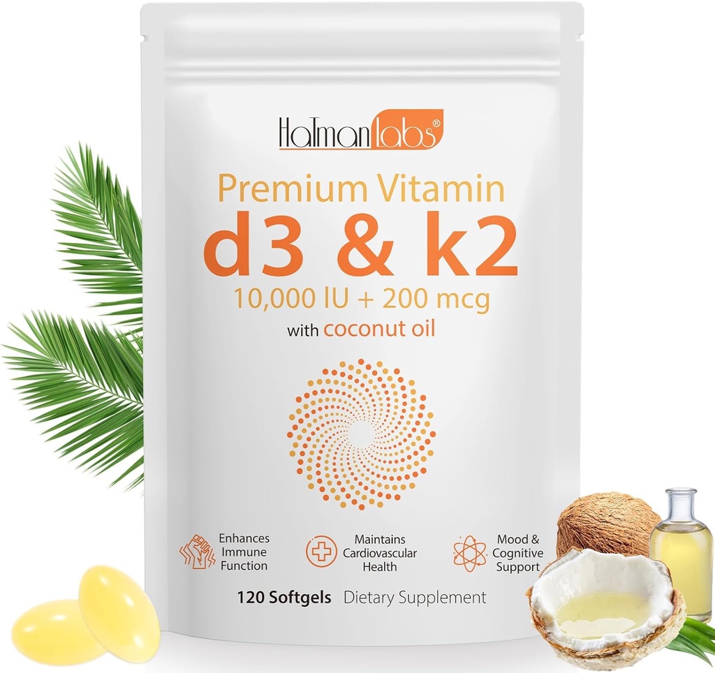 维他命 D3 K2 补充软胶,维他命 D3 K2 软胶 配有 10000 IU 支持 Immune, Heart, Teeth & Bone Health, Free of GMO, Gluten, Soy