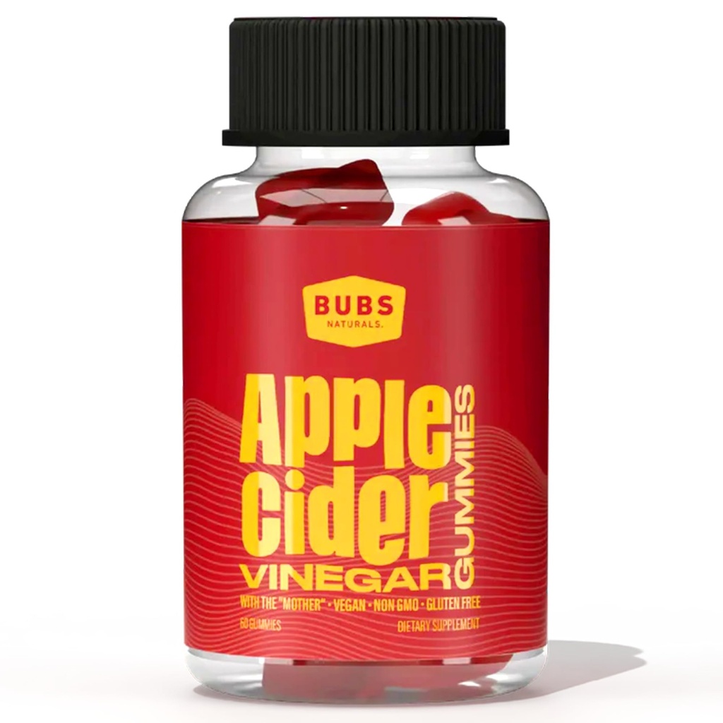 BUBS Naturals Apple Vider Vinegar Gummys with The Mother, All Natural Vegan ACV Gummy Vitamins, 支持Detox, Digestion & Energy Booster 与B维生素, 60 计数