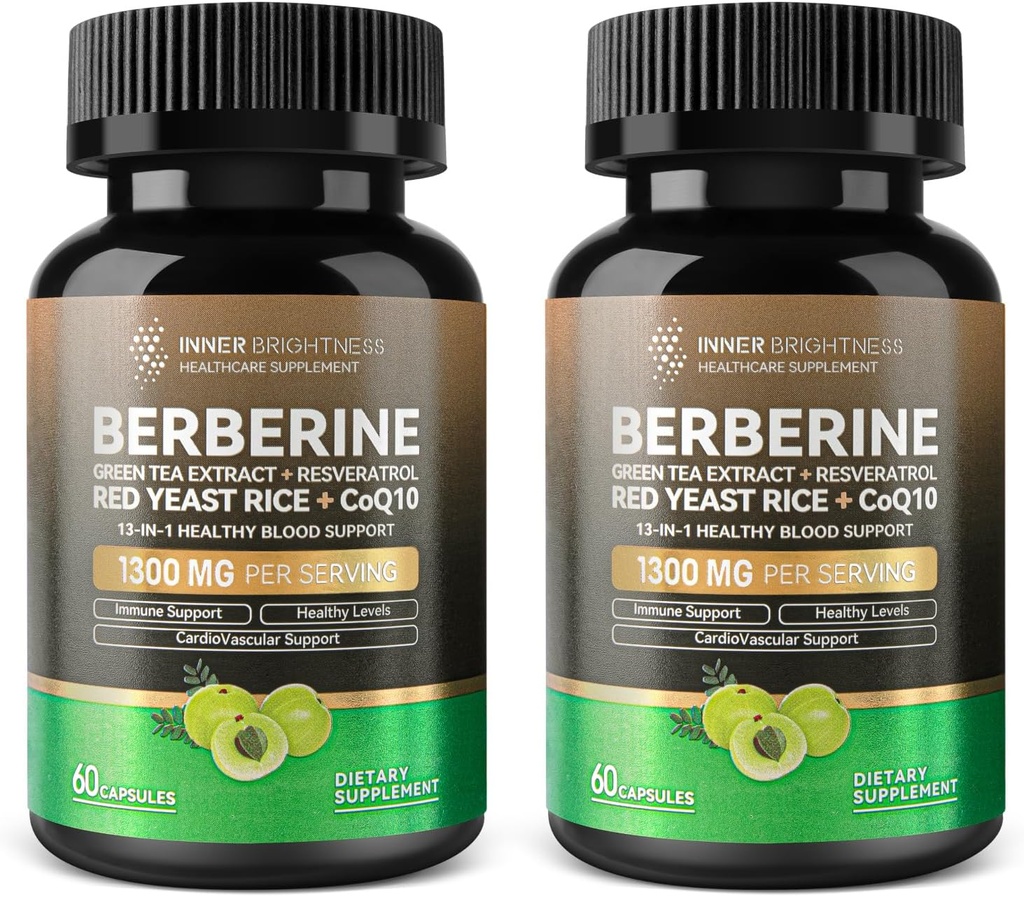 Berberine 1300mg 配有绿色茶叶提取器,Resveratrol,红酵母大米 & CoQ10 – 13-in-1 Immune Health, 自然代谢支持 – 60 Capsules – 非 GMO, 实验室测试 - 2 Pack