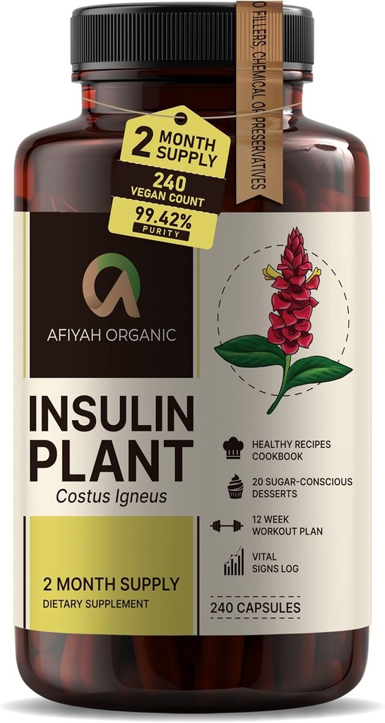 Premium Quality Costus Igneus (胰岛素厂) Capsules - 容易吞咽 240 Veggie Capsules (两个月供应) - 在美国制造 - 包括完整的健康支助方案