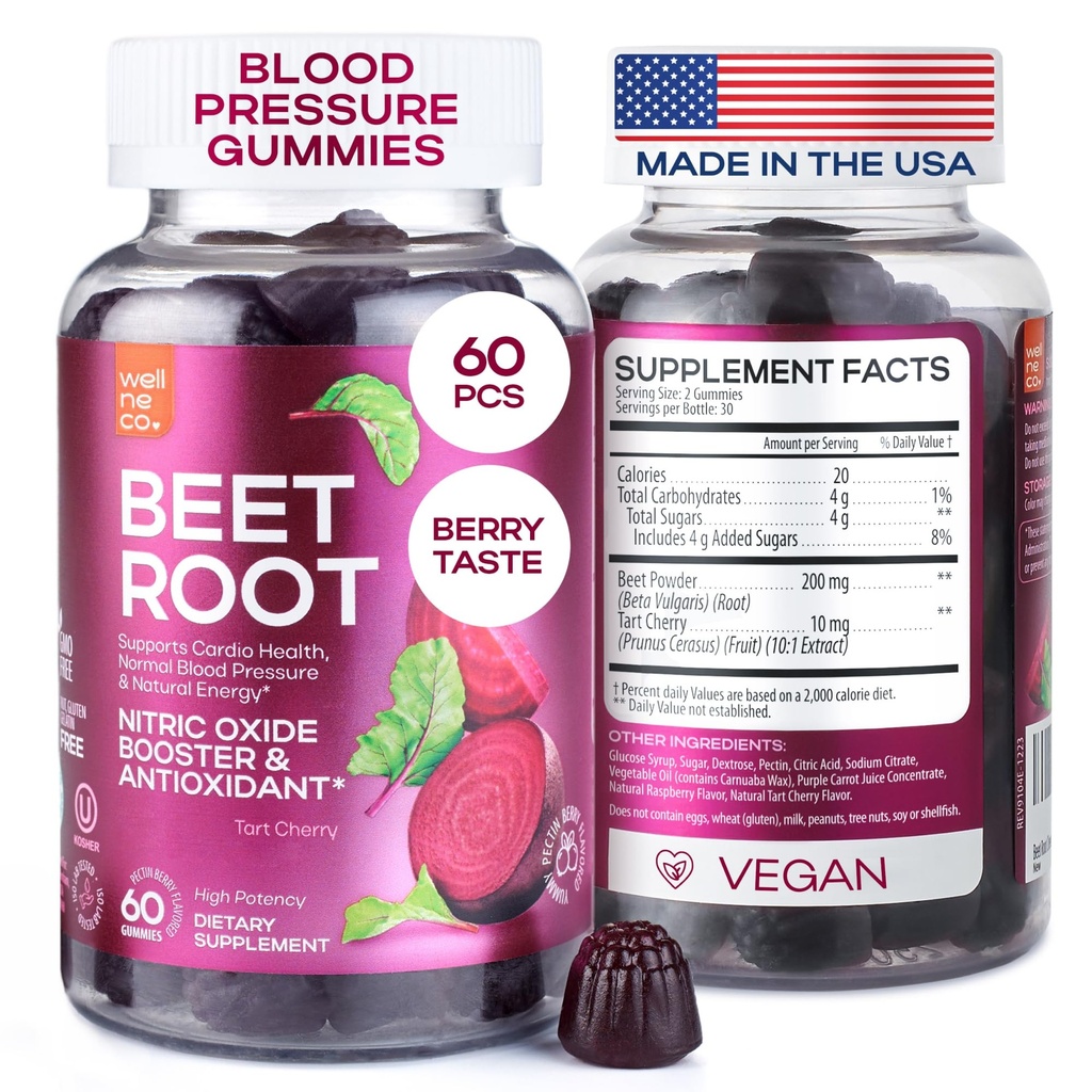 Beet Chews for High Blood 压血药 - Beet Root Gummys in America with Tart Cherry - Nitric Oxide 能量和心肺健康补充剂 - Vegan, No GMO, Pectin Based - 男女60 Pcs