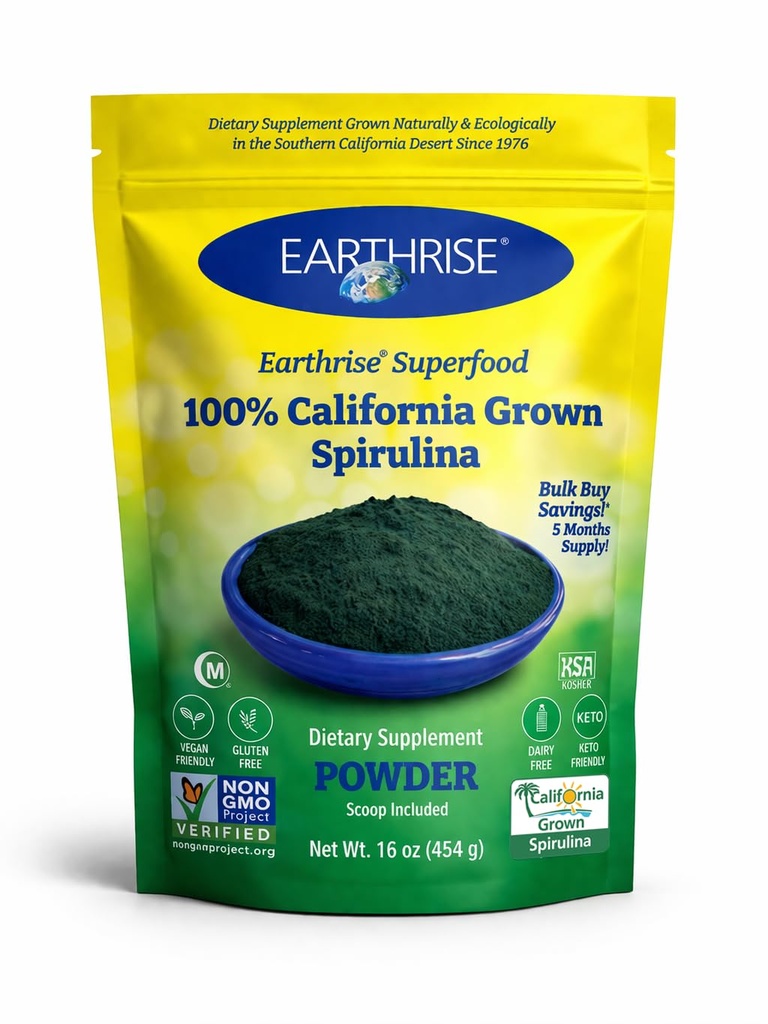 Earthrise Spirulina Natural Powder 16oz,来自加利福尼亚-维冈的天然香料 Spirulina,Gluten Free, Keto Friending, Non-GMO 超级食品在维生素和矿物质中含量高. (1个LB)