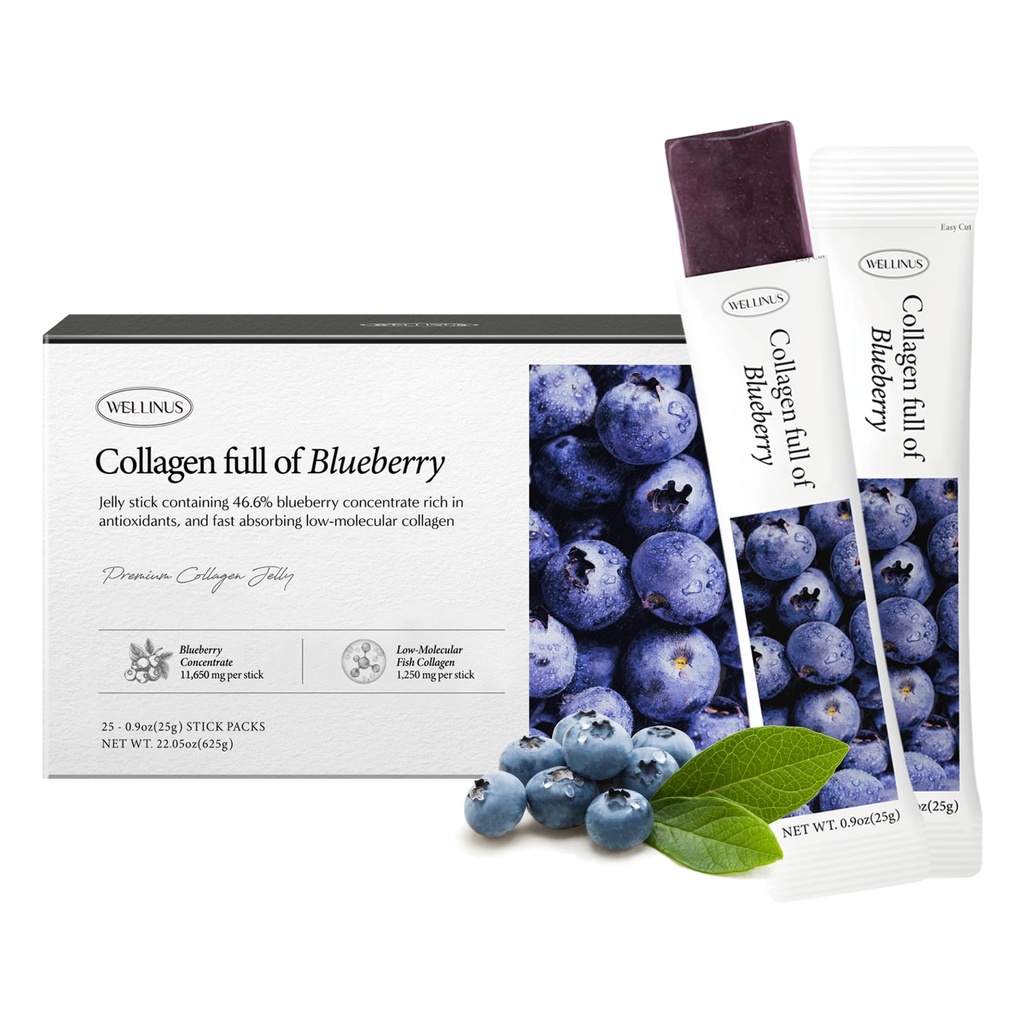 韩国Collagen Jelly Sticks - 25 蓝莓火焰海洋Collagen Peptide Snacks for Anti-Aging-Collagen 蛋白质无糖,毛发和钉子强力旅行包