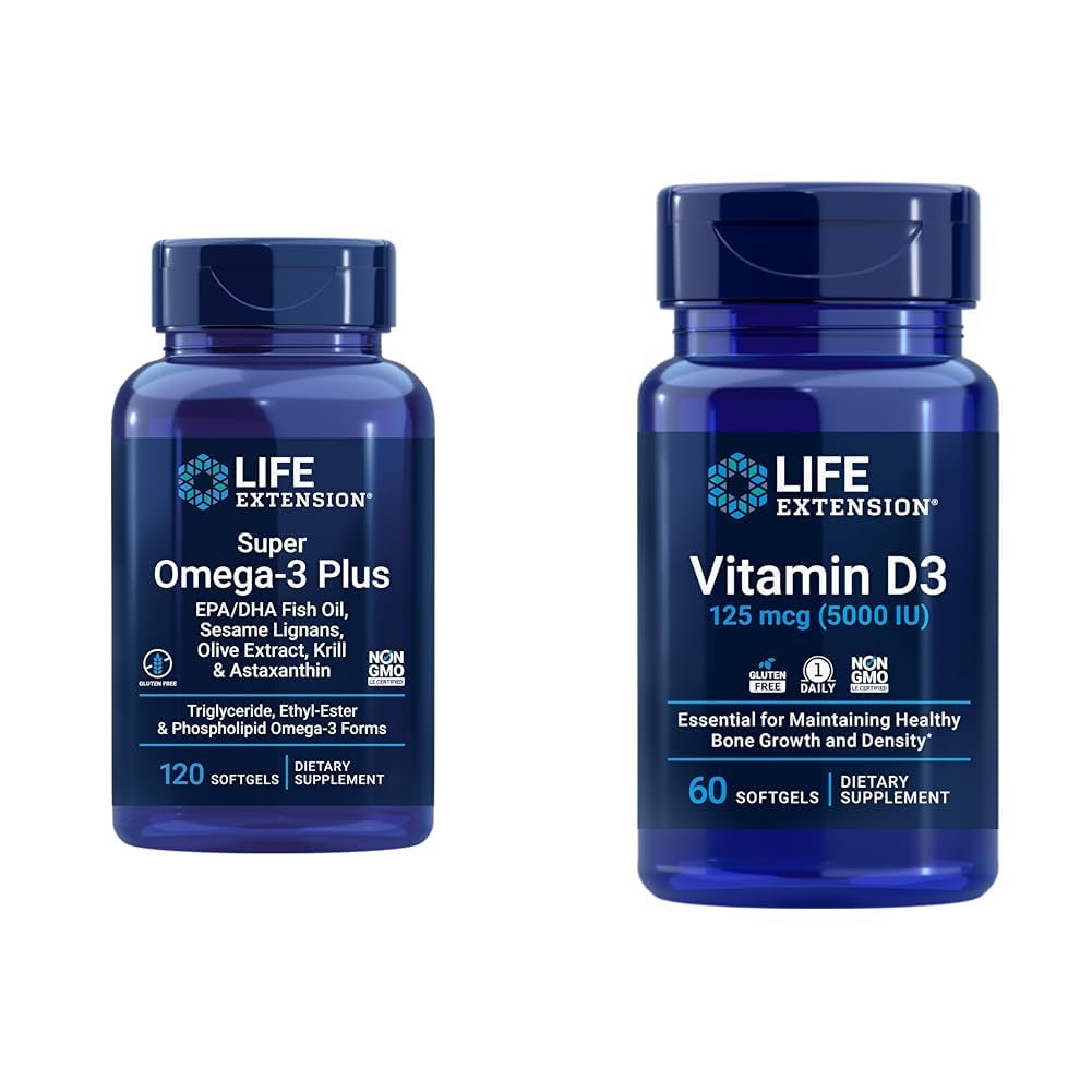 生命延长 Super Omega-3 Plus EPA/DHA 鱼油,芝麻利根和维生素 D3 125 mcg(5000 IU),骨质健康,大脑性能