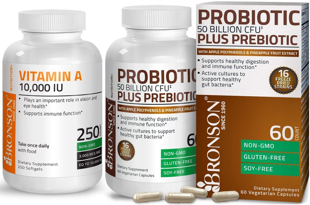 Bronson Probiotic 50亿 CMU + 苹果多酚和菠萝水果提取 + 维生素A 10,000 IU Premium 非GMO 公式