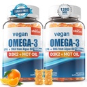 Vegan Omega 3 Gummys 1280mg + 维生素 D3 K2(MK7),Omega 3 成人鱼油替代品,w/Algae EPA 600mg & DHA 400mg,MCT 油 - 无鱼味 - 用于脑,眼,免疫健康,无糖,2包
