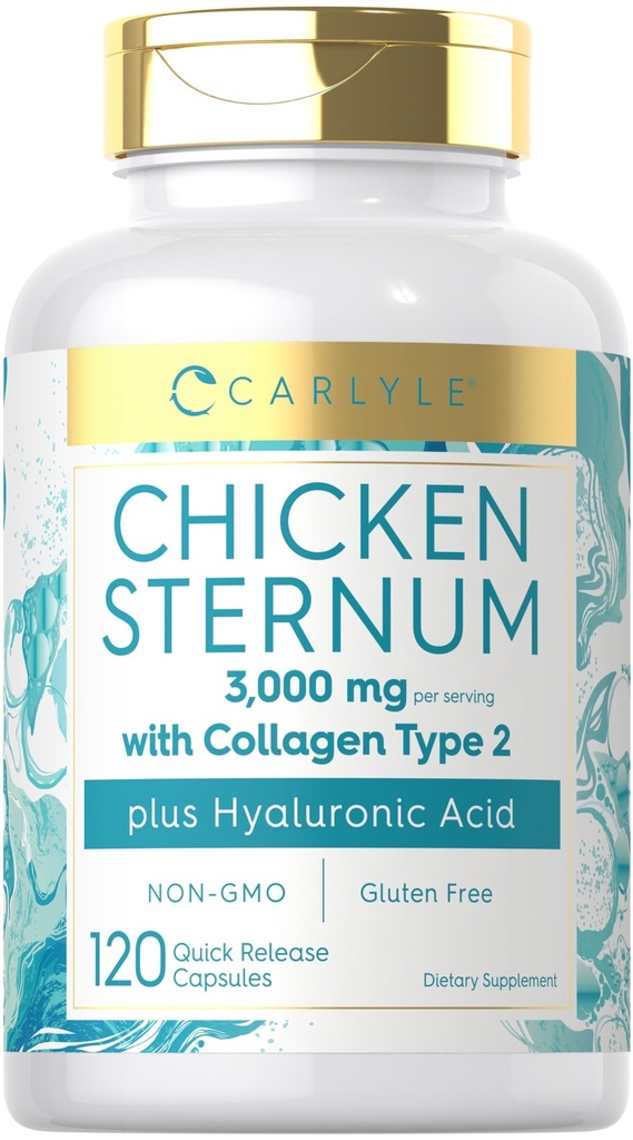 Carlyle Chicken Sternum Cartilage Collagen Capsules II型 3,000mg 120 药丸 与 Hyaluronic Acid → Non-GMO, Gluten Free(无糖)