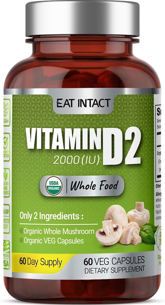 维冈全食维生素D,2000 IU(50 mcg),D2,两个成份(组织全蘑菇和有机维冈卡普苏莱),非GMO,第三方测试,60天供应