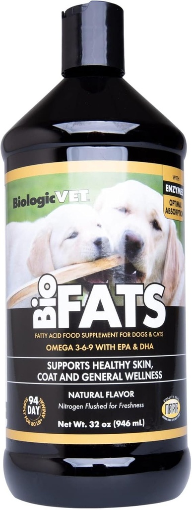 BiologicVET BioFATS - 含有Omegas 3, 6 & 9 - 与EPA, DHA & ALA - 用于狗和猫 - 皮肤和联合健康支持 - 包括鱼, Flaxseed & Olive Oil - 32 f. oz.
