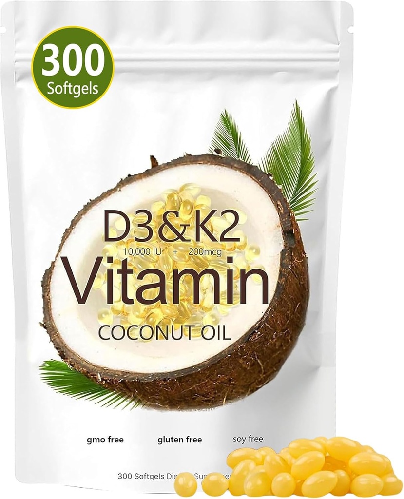 维生素D3 K2软胶,D3 K2 维生素10000 IU,10000 IU VIT D3 + 200 MCG 维生素K2,无转基因 O, Gluten, Soy, Bone Health, 支持钙吸收, 300 Gels